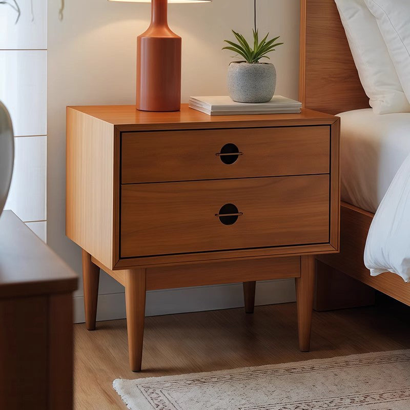 Traditional Chinese Solid Wood Cylindrical Square Nightstand 2-Drawer For Bedroom