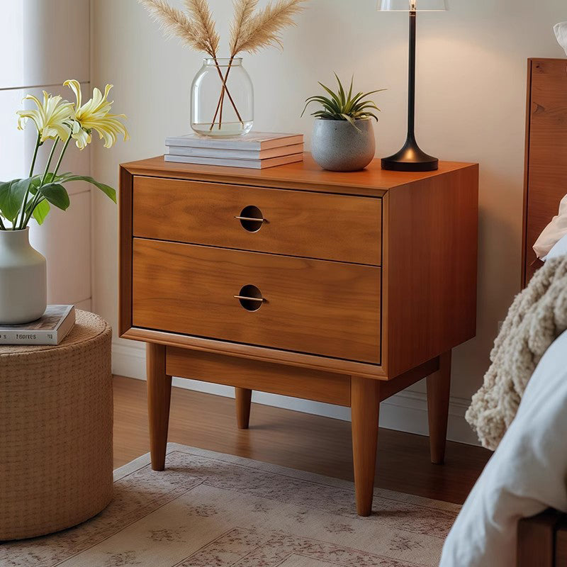 Traditional Chinese Solid Wood Cylindrical Square Nightstand 2-Drawer For Bedroom