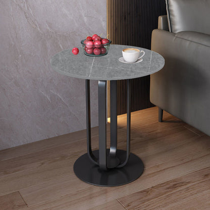 Contemporary Scandinavian Sintered Stone Iron Round End Table 1-Tier For Living Room