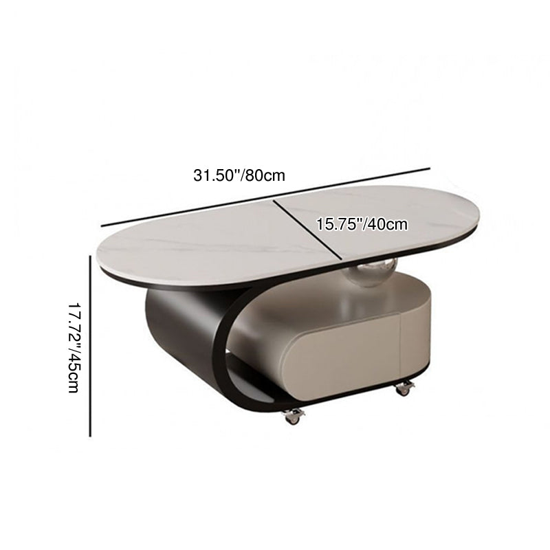 Modern Minimalist Sintered Stone Carbon Steel C-Shape Oval Movable Coffee Table With 1-Drawer For Living Room