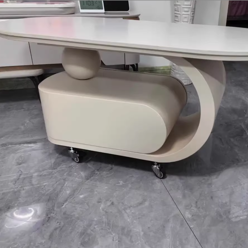 Modern Minimalist Sintered Stone Carbon Steel C-Shape Oval Movable Coffee Table With 1-Drawer For Living Room
