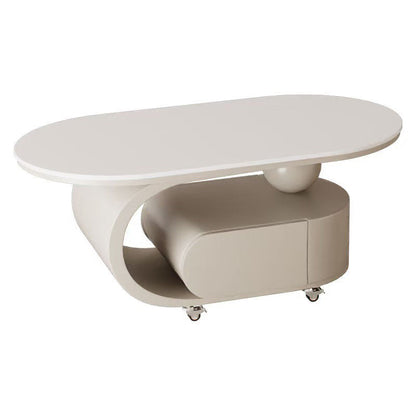 Modern Minimalist Sintered Stone Carbon Steel C-Shape Oval Movable Coffee Table With 1-Drawer For Living Room