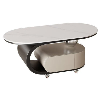 Modern Minimalist Sintered Stone Carbon Steel C-Shape Oval Movable Coffee Table With 1-Drawer For Living Room