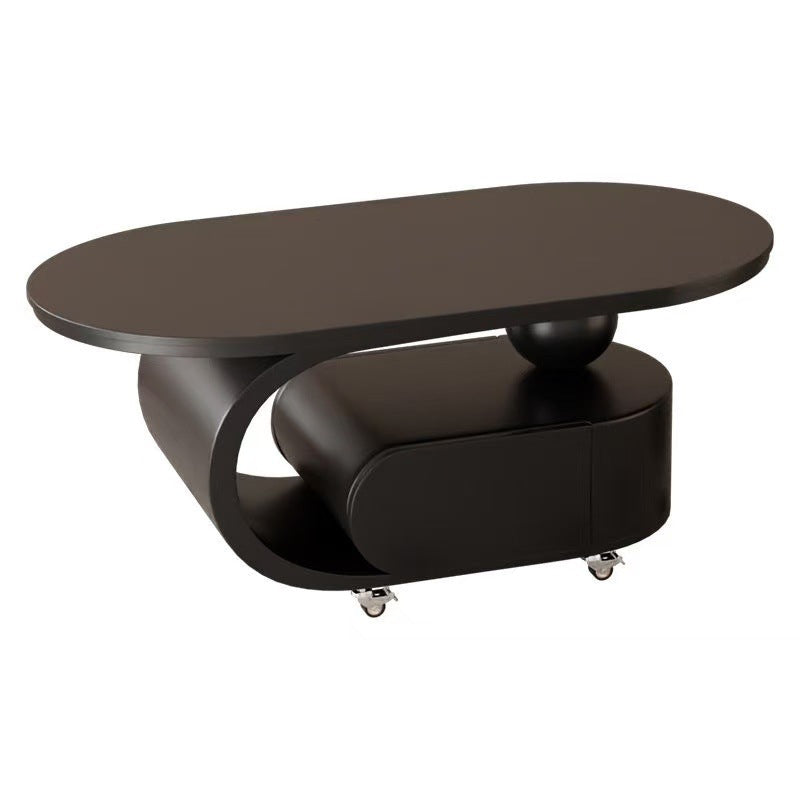 Modern Minimalist Sintered Stone Carbon Steel C-Shape Oval Movable Coffee Table With 1-Drawer For Living Room