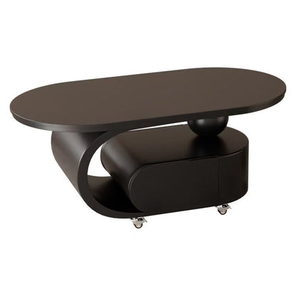 Modern Minimalist Sintered Stone Carbon Steel C-Shape Oval Movable Coffee Table With 1-Drawer For Living Room
