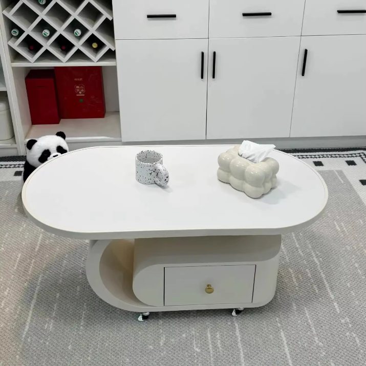 Modern Minimalist Sintered Stone Carbon Steel C-Shape Oval Movable Coffee Table With 1-Drawer For Living Room