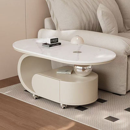 Modern Minimalist Sintered Stone Carbon Steel C-Shape Oval Movable Coffee Table With 1-Drawer For Living Room
