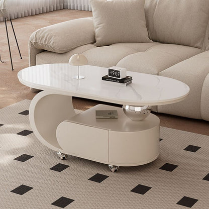 Modern Minimalist Sintered Stone Carbon Steel C-Shape Oval Movable Coffee Table With 1-Drawer For Living Room