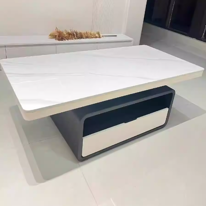 Traditional Vintage Sintered Stone High Carbon Steel Plywood Rounded Rectangle Coffee Table With 2-Tiers For Living Room