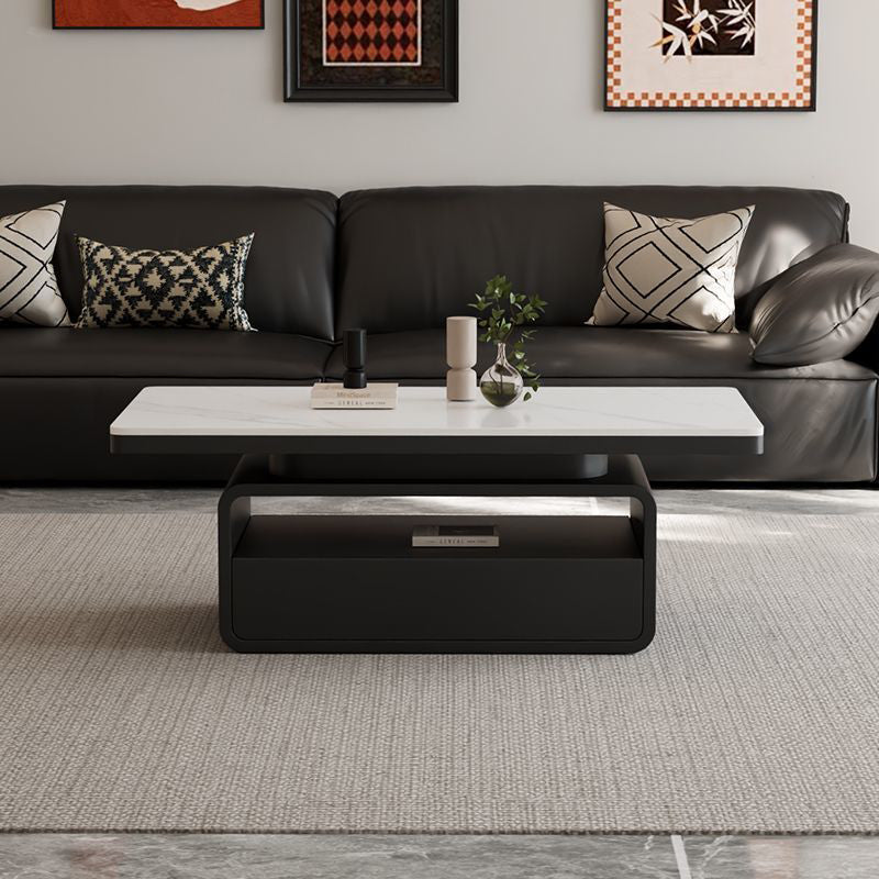 Traditional Vintage Sintered Stone High Carbon Steel Plywood Rounded Rectangle Coffee Table With 2-Tiers For Living Room