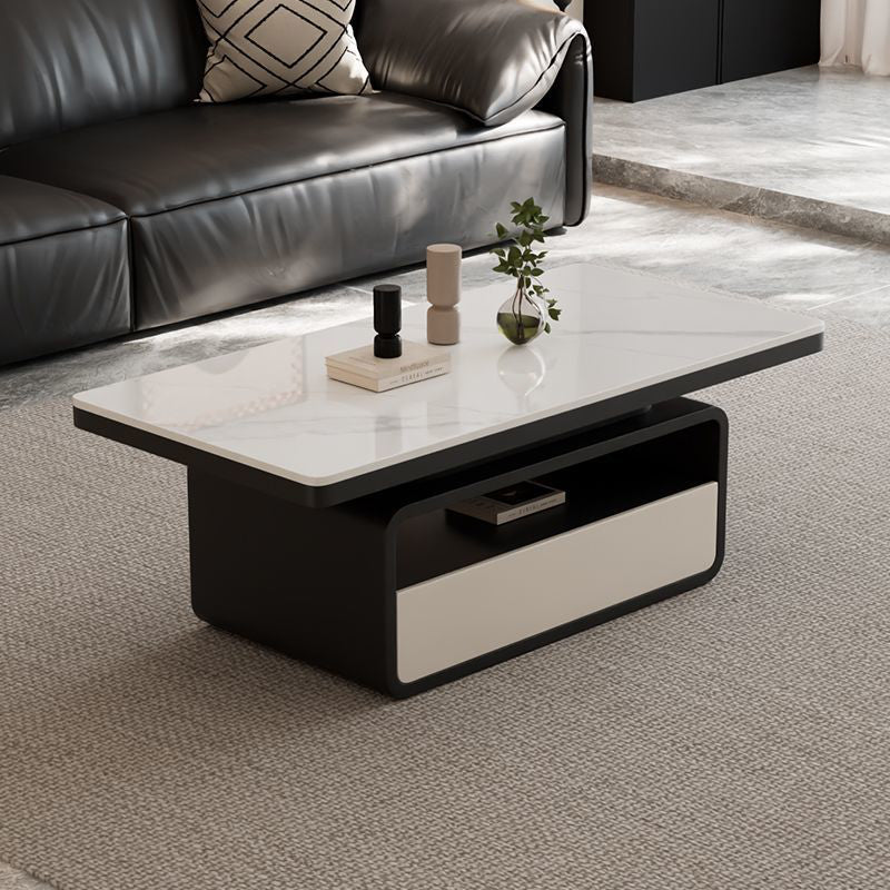 Traditional Vintage Sintered Stone High Carbon Steel Plywood Rounded Rectangle Coffee Table With 2-Tiers For Living Room