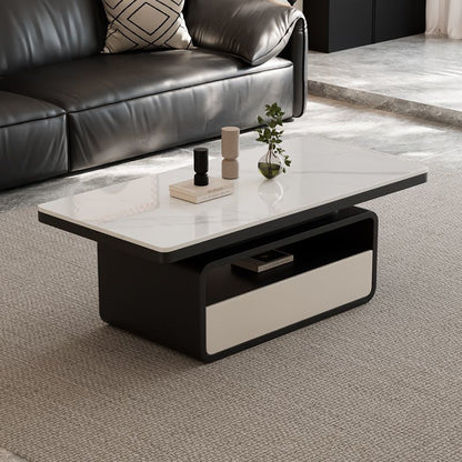 Traditional Vintage Sintered Stone High Carbon Steel Plywood Rounded Rectangle Coffee Table With 2-Tiers For Living Room