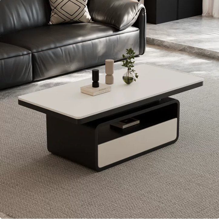 Traditional Vintage Sintered Stone High Carbon Steel Plywood Rounded Rectangle Coffee Table With 2-Tiers For Living Room