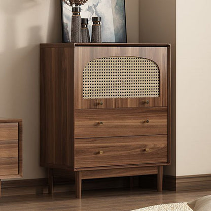 Traditional Chinese Particle Board Rubber Wood Rattan Glass Rectangular Cylindrical Storage Cabinet 2/4-Drawer For Living Room