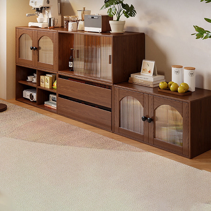 Traditional Vintage Plywood Rubber Wood Glass Rattan Rectangular Storage Cabinet 1-Tier For Living Room