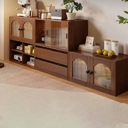 Traditional Vintage Plywood Rubber Wood Glass Rattan Rectangular Storage Cabinet 1-Tier For Living Room