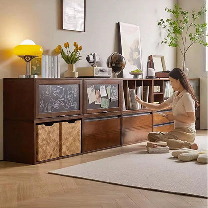 Traditional Vintage Plywood Rubber Wood Glass Rattan Rectangular Storage Cabinet 1-Tier For Living Room