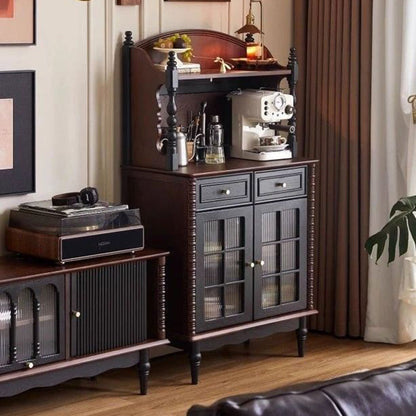 Traditional French Pine Wood Glass Rectangular Roman Column Storage Cabinet 2-Drawer For Living Room