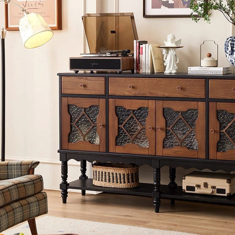 Traditional French Pine Wood Glass Rectangular Diamond Cylindrical Storage Cabinet 3-Drawer For Living Room