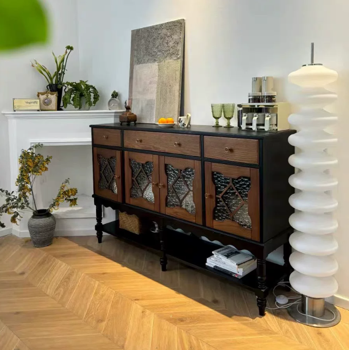 Traditional French Pine Wood Glass Rectangular Diamond Cylindrical Storage Cabinet 3-Drawer For Living Room