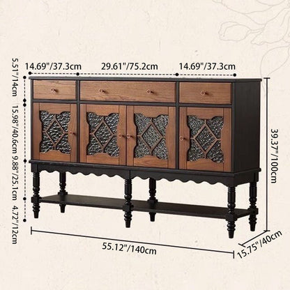 Traditional French Pine Wood Glass Rectangular Diamond Cylindrical Storage Cabinet 3-Drawer For Living Room