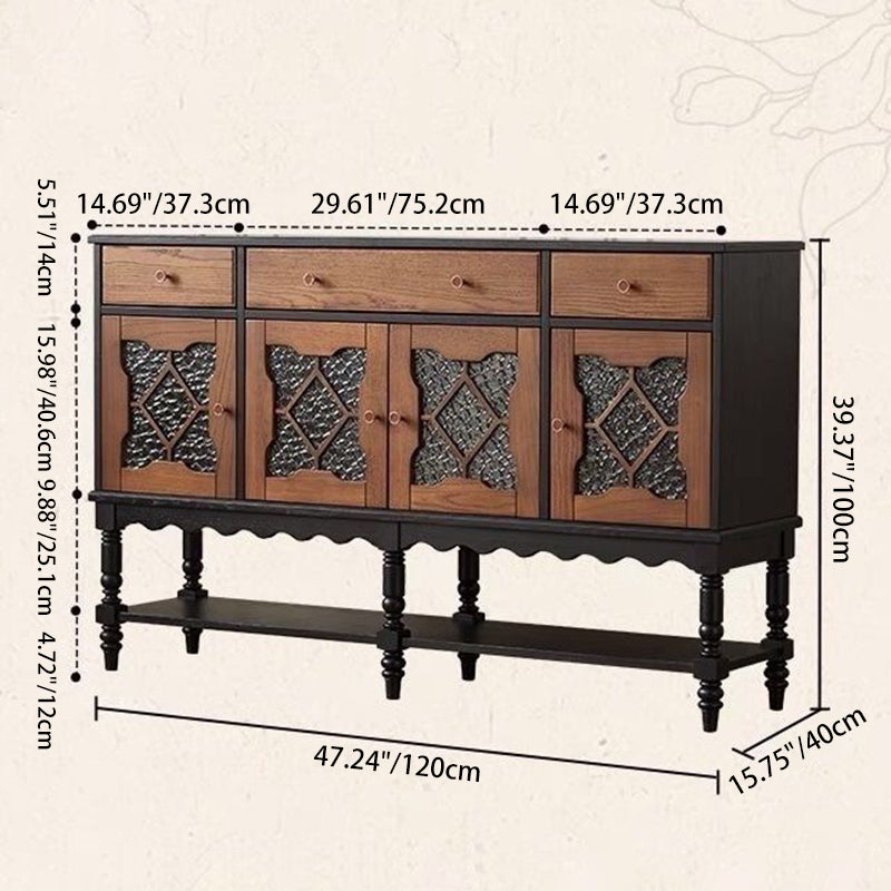 Traditional French Pine Wood Glass Rectangular Diamond Cylindrical Storage Cabinet 3-Drawer For Living Room
