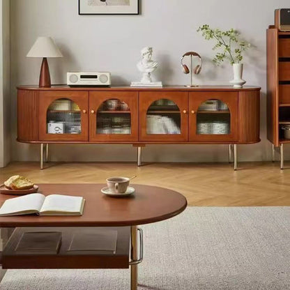 Traditional Chinese Pine Wood Glass Metal Arched Curved Cylindrical Storage Cabinet 4-Storage For Living Room