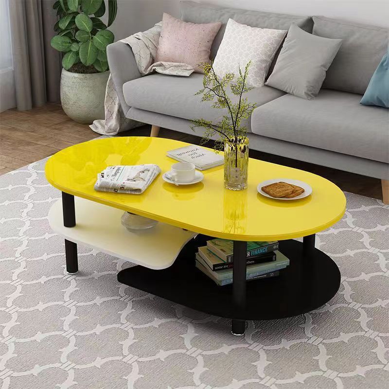Contemporary Scandinavian Engineered Wood Wood Legs Curved Oval Coffee Table With 3-Tier For Living Room