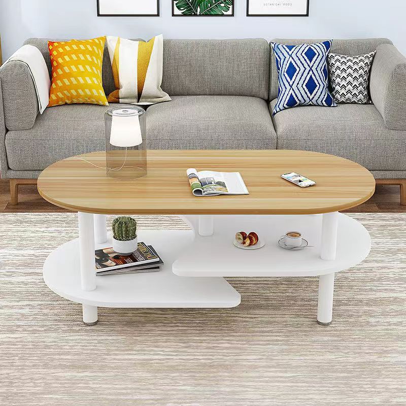 Contemporary Scandinavian Engineered Wood Wood Legs Curved Oval Coffee Table With 3-Tier For Living Room