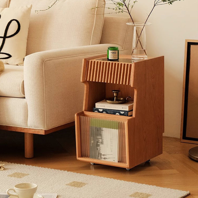 Traditional Japanese Cherry Wood Glass Square Movable Nightstand Drawer Storage Shelf For Bedroom