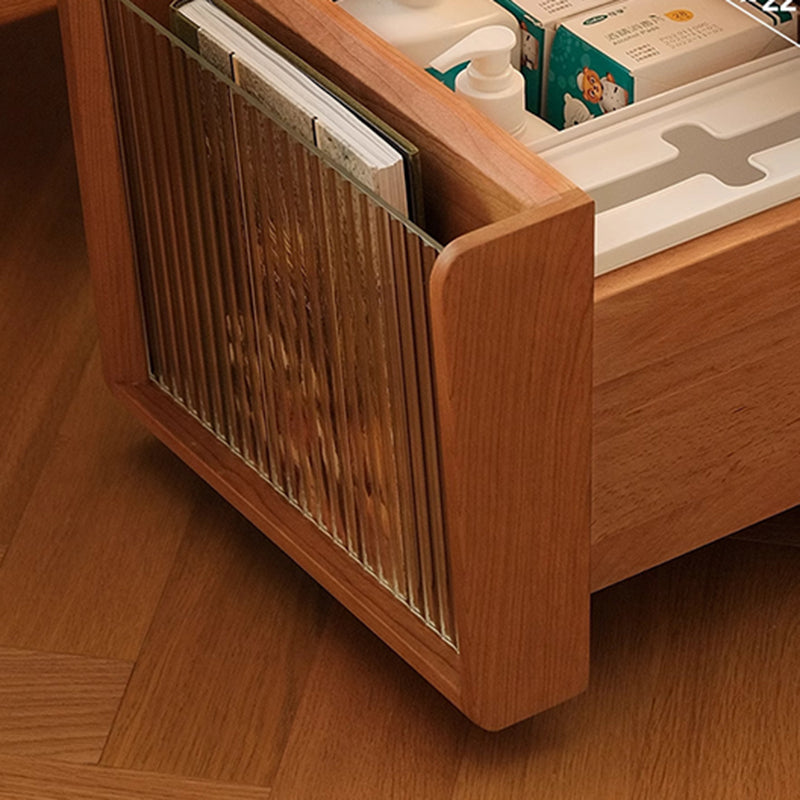 Traditional Japanese Cherry Wood Glass Square Movable Nightstand Drawer Storage Shelf For Bedroom