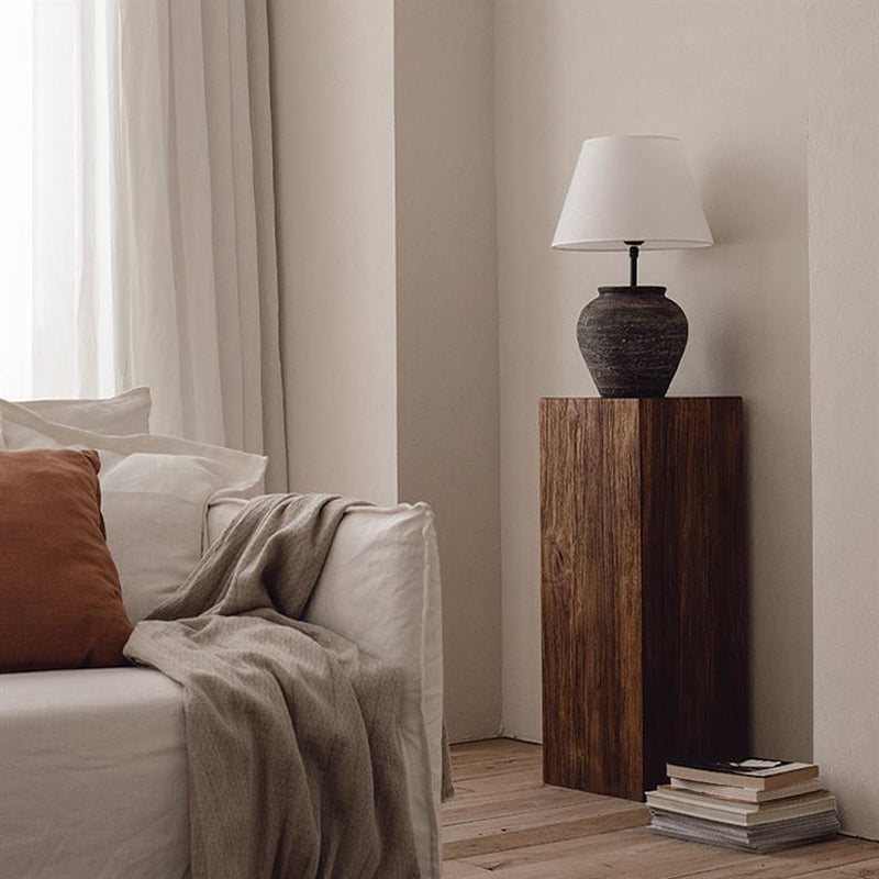 Traditional Vintage Column Distressed Wood Grain Pine Wood End Table For Living Room