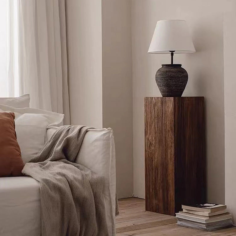 Traditional Vintage Column Distressed Wood Grain Pine Wood End Table For Living Room