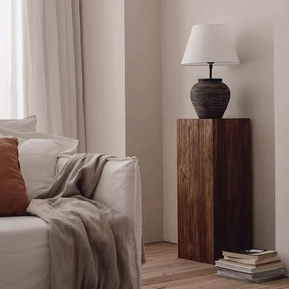 Traditional Vintage Column Distressed Wood Grain Pine Wood End Table For Living Room