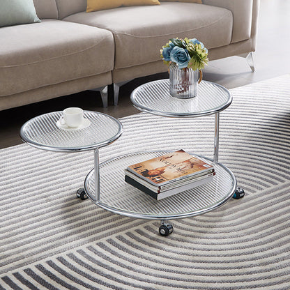 Modern Mid-Century Ribbed Glass Iron Round Top Rotating Coffee Table 2-Tier Nesting Table With Casters For Living Room
