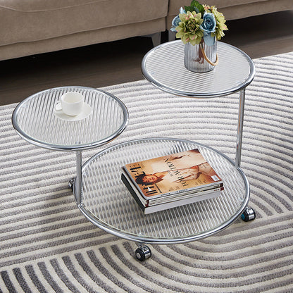 Modern Mid-Century Ribbed Glass Iron Round Top Rotating Coffee Table 2-Tier Nesting Table With Casters For Living Room