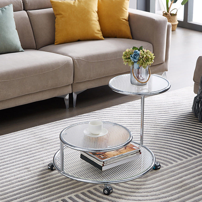 Modern Mid-Century Ribbed Glass Iron Round Top Rotating Coffee Table 2-Tier Nesting Table With Casters For Living Room