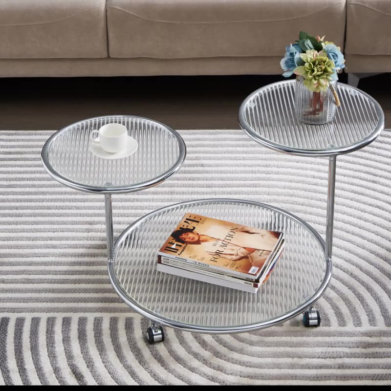 Modern Mid-Century Ribbed Glass Iron Round Top Rotating Coffee Table 2-Tier Nesting Table With Casters For Living Room