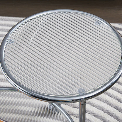 Modern Mid-Century Ribbed Glass Iron Round Top Rotating Coffee Table 2-Tier Nesting Table With Casters For Living Room
