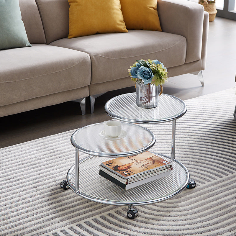 Modern Mid-Century Ribbed Glass Iron Round Top Rotating Coffee Table 2-Tier Nesting Table With Casters For Living Room