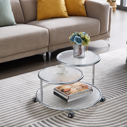 Modern Mid-Century Ribbed Glass Iron Round Top Rotating Coffee Table 2-Tier Nesting Table With Casters For Living Room