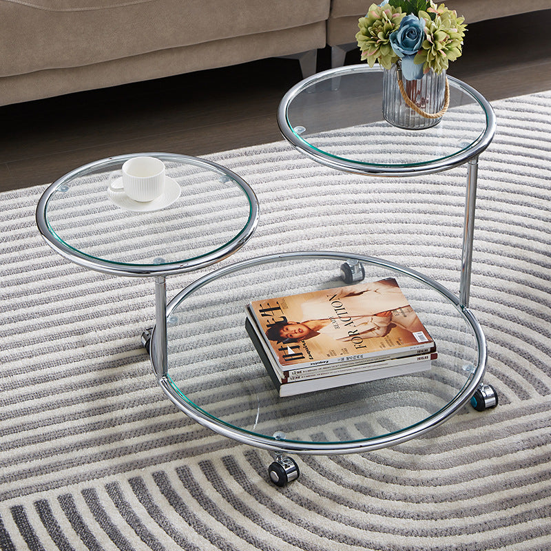 Modern Mid-Century Ribbed Glass Iron Round Top Rotating Coffee Table 2-Tier Nesting Table With Casters For Living Room