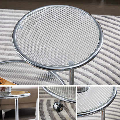 Modern Mid-Century Ribbed Glass Iron Round Top Rotating Coffee Table 2-Tier Nesting Table With Casters For Living Room