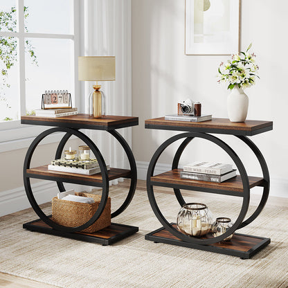 Contemporary Industrial MDF Carbon Steel Dual Ring Frame End Table 3-Tier Storage Shelves For Living Room
