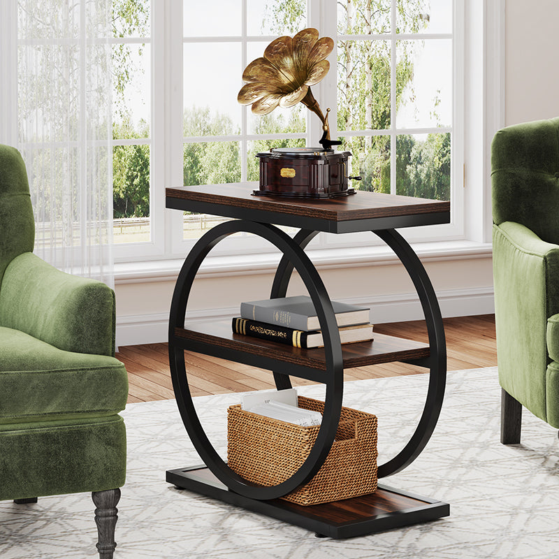 Contemporary Industrial MDF Carbon Steel Dual Ring Frame End Table 3-Tier Storage Shelves For Living Room
