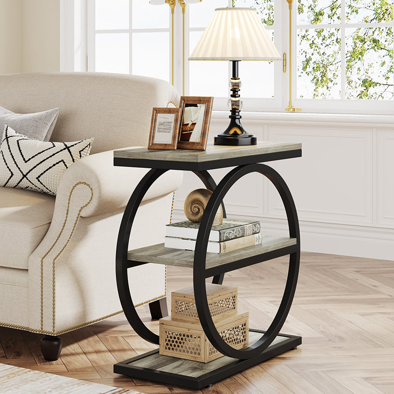 Contemporary Industrial MDF Carbon Steel Dual Ring Frame End Table 3-Tier Storage Shelves For Living Room