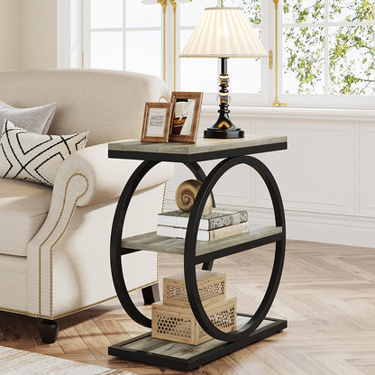 Contemporary Industrial MDF Carbon Steel Dual Ring Frame End Table 3-Tier Storage Shelves For Living Room