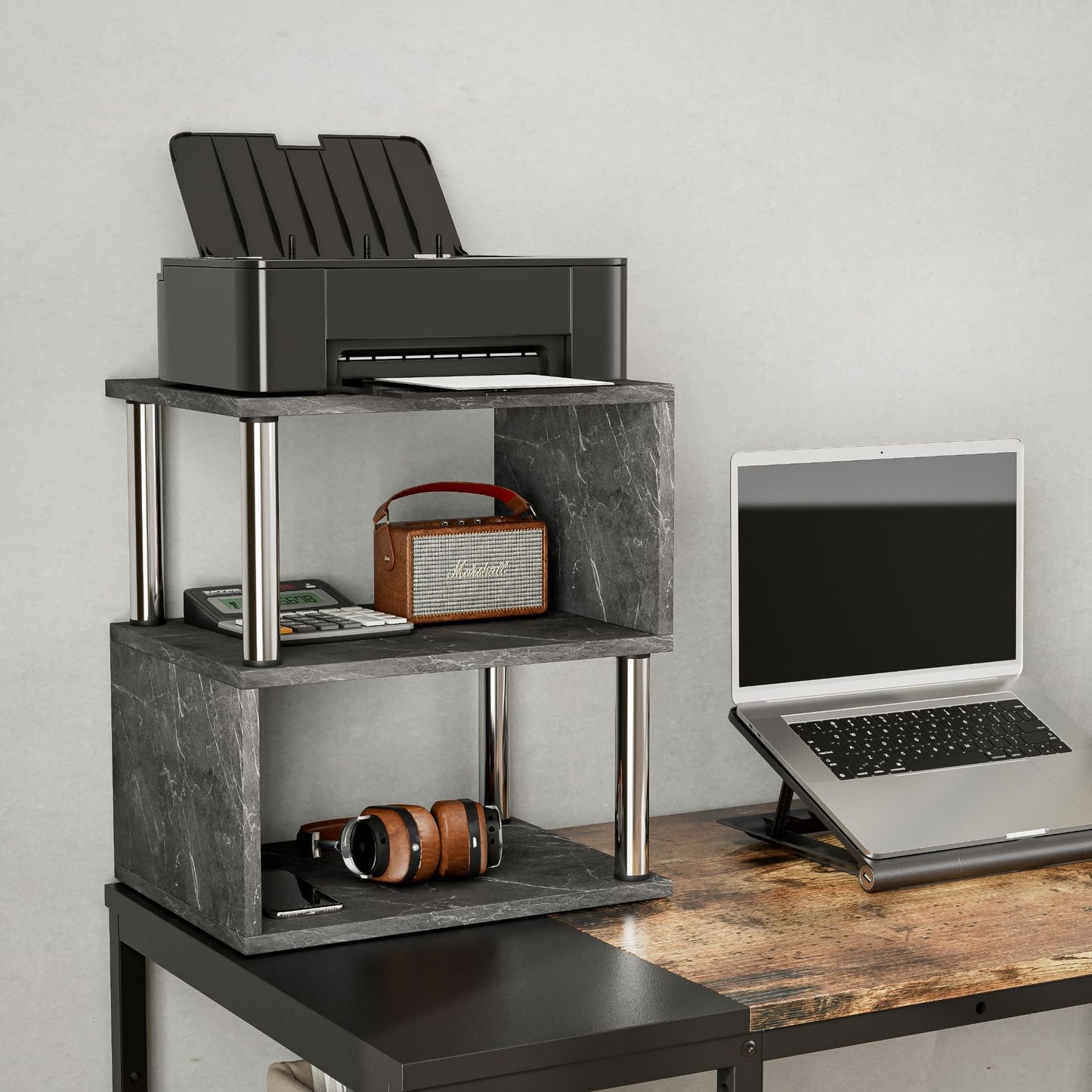 Contemporary Luxury Marble-Patterned Particle Board Stainless Steel Tube Side Table 3-Tier For Living Room