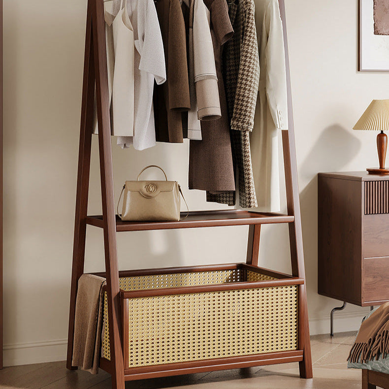 Contemporary Retro Trapezoidal Multifunctional Nan Bamboo Hall Tree Coat Rack With Wheels & Plastic Rattan Laundry Basket For Entryway