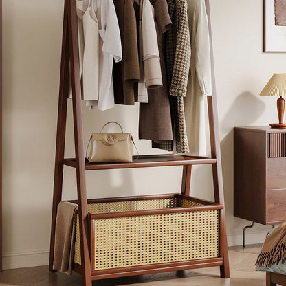 Contemporary Retro Trapezoidal Multifunctional Nan Bamboo Hall Tree Coat Rack With Wheels & Plastic Rattan Laundry Basket For Entryway